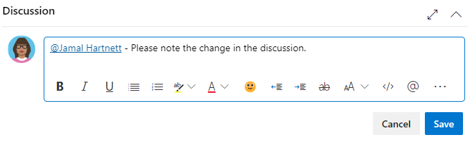 Cuplikan layar bagian Diskusi, simpan komentar.