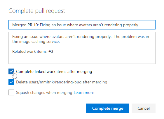 Selesaikan dialog permintaan pull, Lengkapi otomatis item kerja dengan penyelesaian opsi PR
