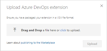 Cuplikan layar memperlihatkan Unggah ekstensi baru untuk Azure DevOps.