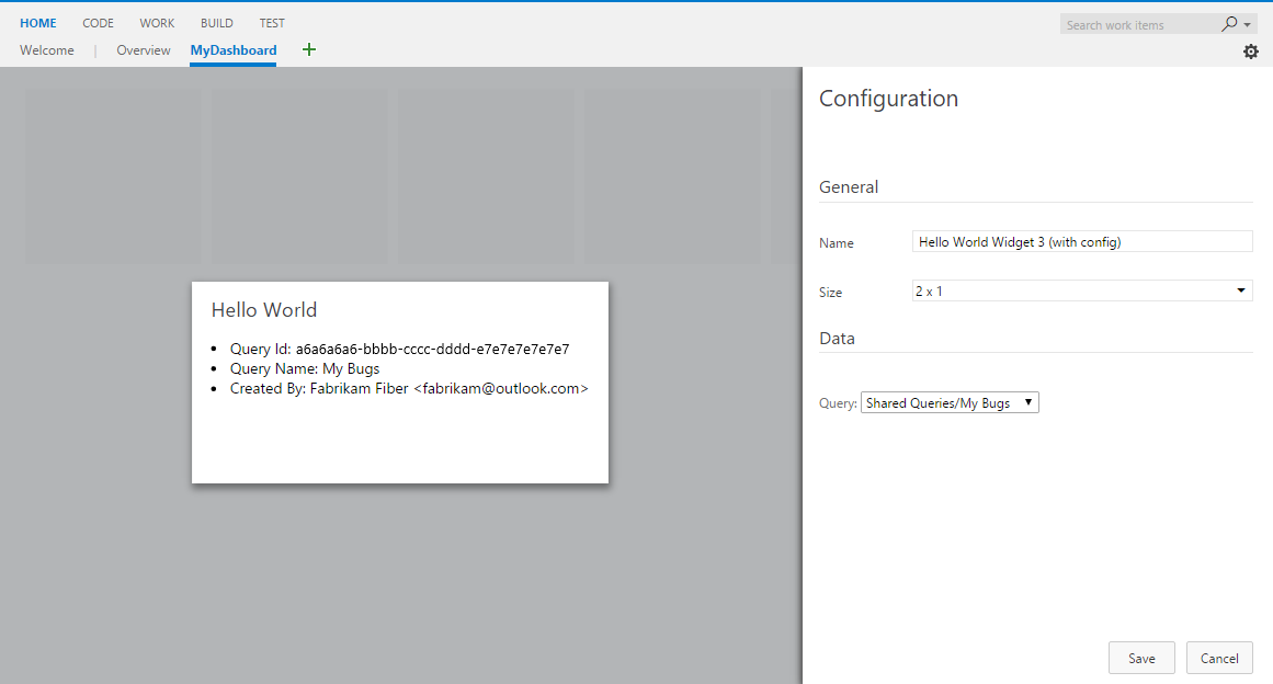 Cuplikan layar memperlihatkan di mana nama dan ukuran widget dapat dikonfigurasi.