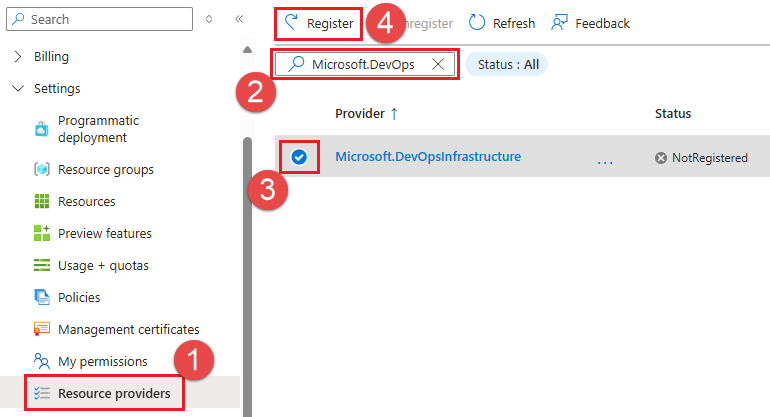 Cuplikan layar mendaftarkan penyedia Sumber Daya Azure Kumpulan DevOps Terkelola.