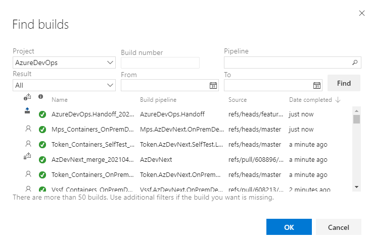 Cuplikan layar dialog Temukan build dengan proyek yang dipilih dan build tercantum.