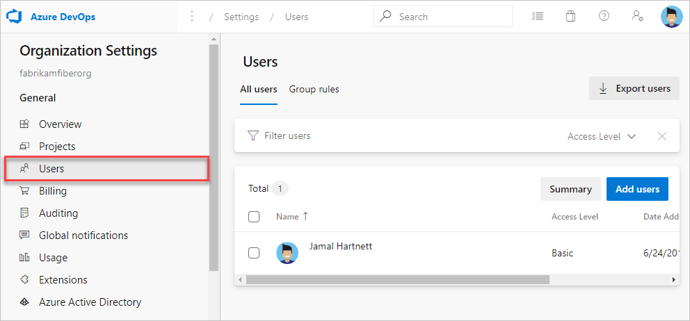 Cuplikan layar memperlihatkan tombol Pengguna yang disorot dalam pengaturan Organisasi.