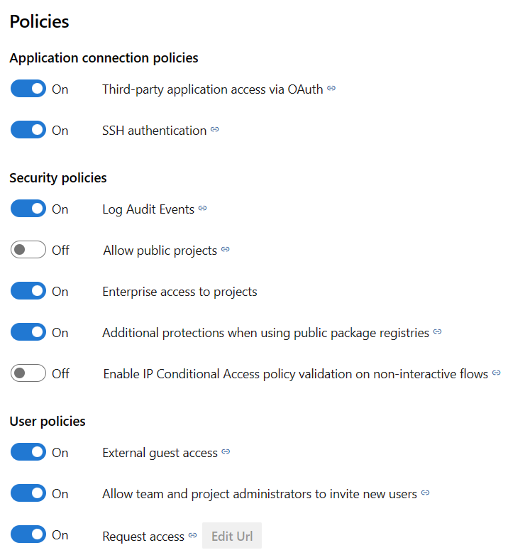 Cuplikan layar Kebijakan Keamanan Azure DevOps.