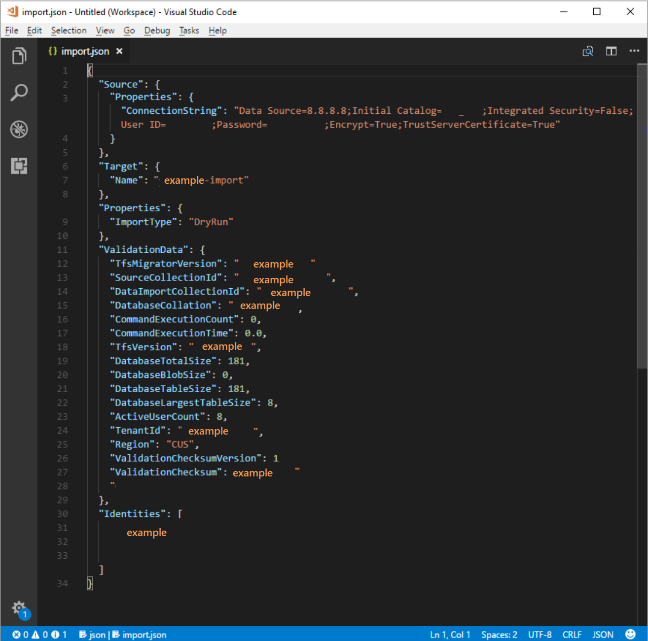 Cuplikan layar spesifikasi migrasi yang mereferensikan SQL Azure VM.