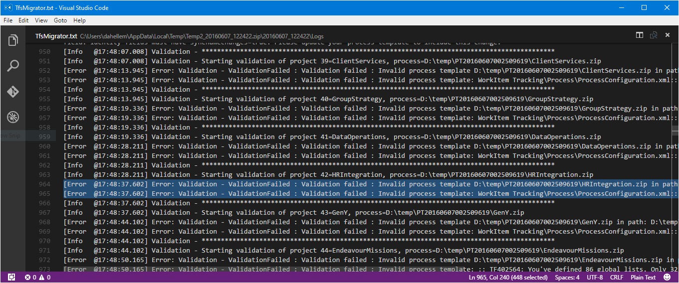 Cuplikan layar file DataMigrationTool.log yang dihasilkan oleh Alat Migrasi Data.
