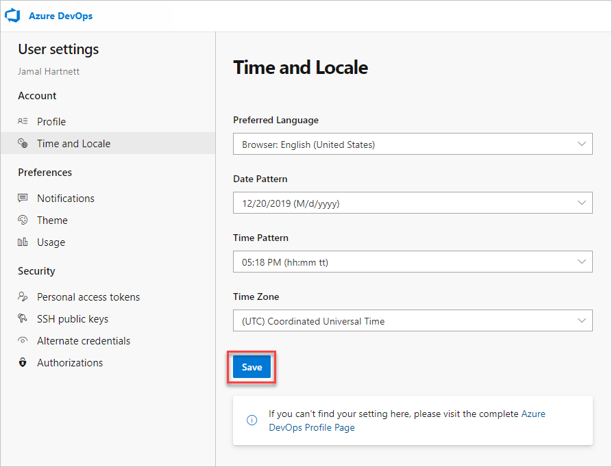 Cuplikan layar memperlihatkan dialog Waktu dan Lokal dan tombol Simpan ditekankan.