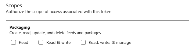 Cuplikan layar cakupan pengemasan hanya tersedia di modal Buat token akses pribadi baru pengguna.