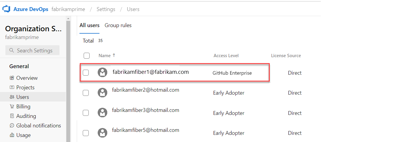 Cuplikan layar memperlihatkan GitHub Enterprise terdaftar sebagai tingkat akses pengguna di pengaturan Organisasi, halaman Pengguna.