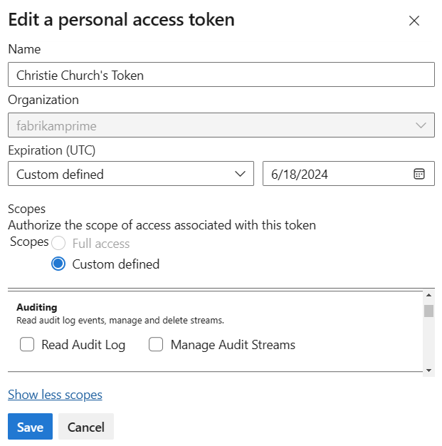 Cuplikan layar memperlihatkan dialog Edit untuk PAT dengan bidang nama, kedaluwarsa, dan cakupan.