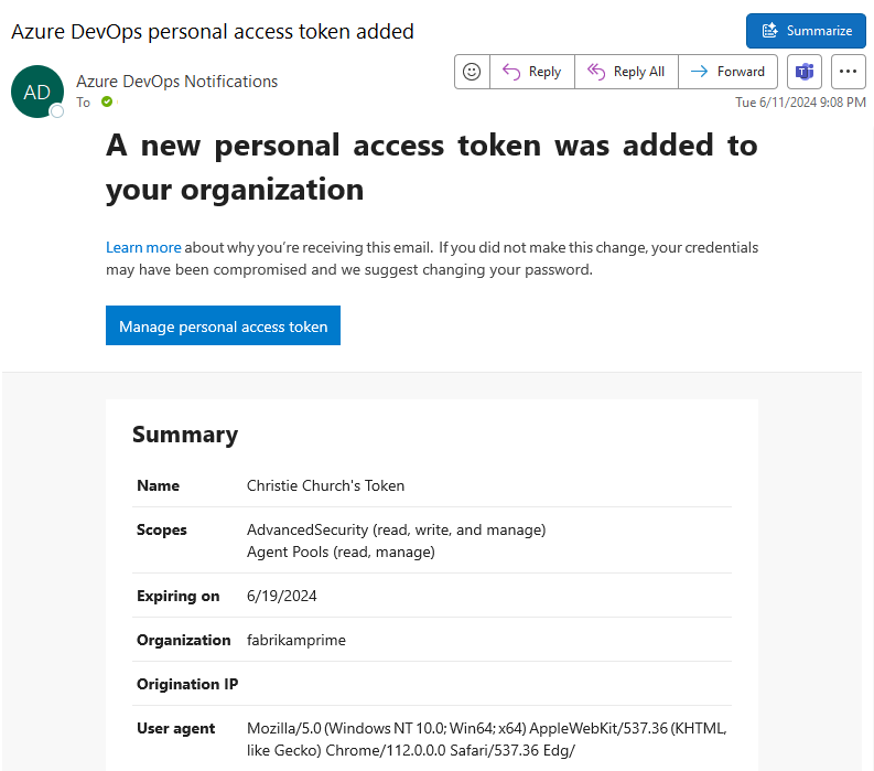 Cuplikan layar memperlihatkan email pemberitahuan yang dibuat PAT.