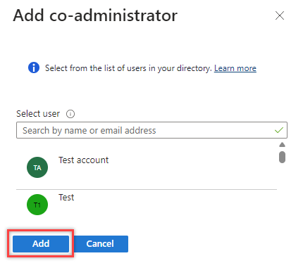 Cuplikan layar panel pop-out Tambahkan administrator bersama.