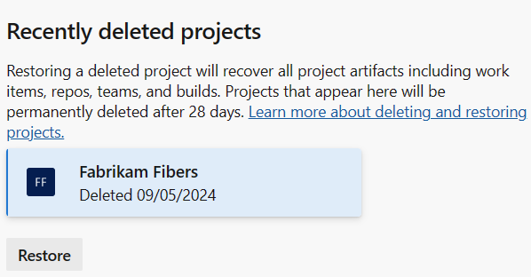 Cuplikan layar memperlihatkan proyek yang disorot, dan tombol Pulihkan.