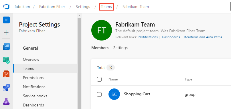 Cuplikan layar untuk Pengaturan Proyek, Teams, dan jalur navigasi Tim pada halaman saat ini di Azure DevOps.