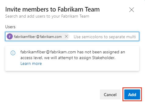 Cuplikan layar dialog Undang anggota ke tim, tambahkan akun pengguna baru.