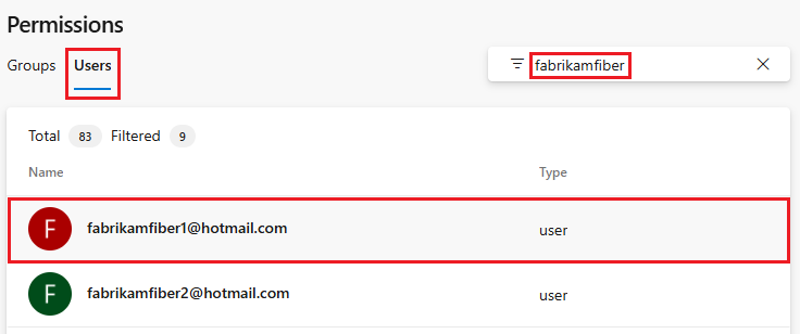 Cuplikan layar tab Pengguna, pilih pengguna.