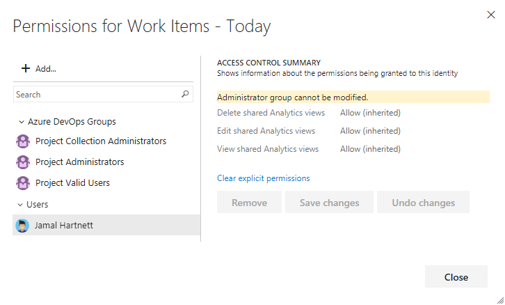 Cuplikan layar dialog keamanan tampilan Analitik Bersama, ubah izin untuk pengguna, Azure DevOps Server.