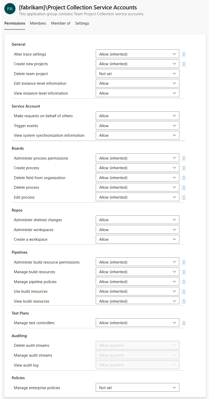 Cuplikan layar izin dan grup tingkat Organisasi, Azure DevOps Services.