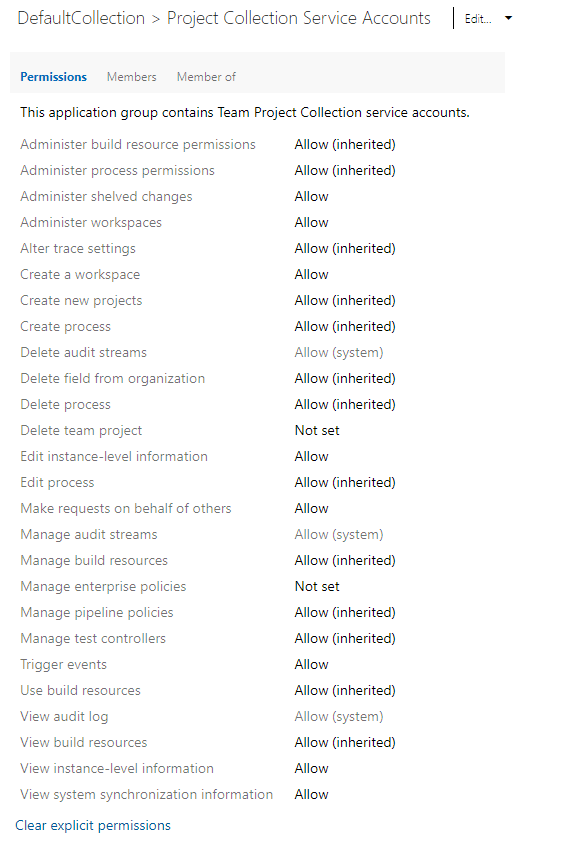 Cuplikan layar dialog izin tingkat koleksi, halaman Azure DevOps Services saat ini dan lokal.