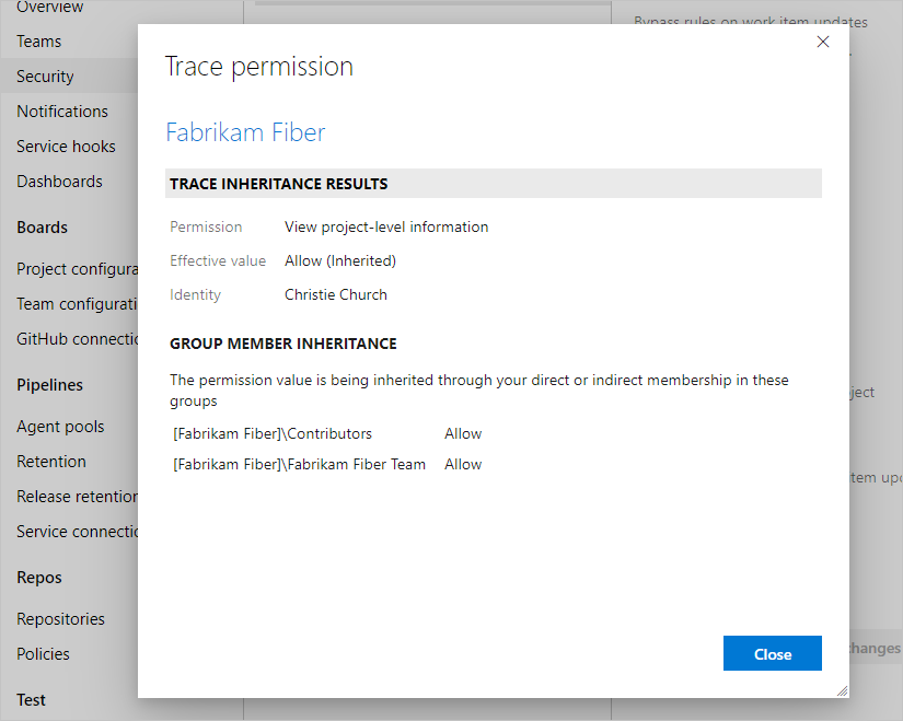 Cuplikan layar Jejak memperlihatkan izin yang diwariskan, Azure DevOps Server 2019.