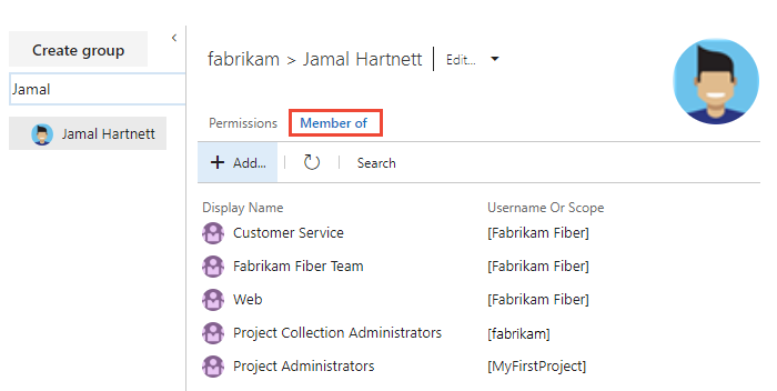 Cuplikan layar memperlihatkan tab Keamanan, Nama pengguna, tab Anggota.