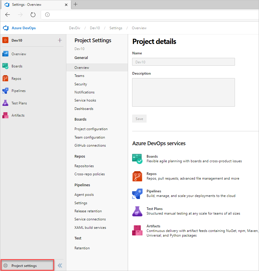Cuplikan layar halaman Pengaturan proyek, versi Azure DevOps Server.