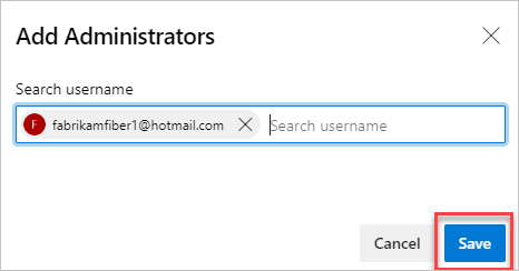 Cuplikan layar dialog Tambahkan administrator tim di halaman saat ini untuk Azure DevOps Server 2019 ke atas.