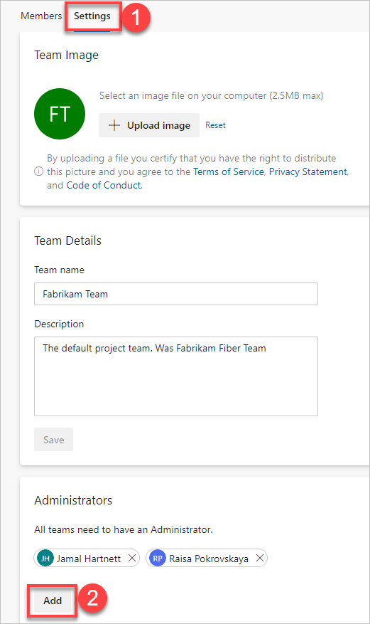 Cuplikan layar dialog untuk menambahkan identitas pengguna, tampilan halaman tim baru untuk Layanan Azure DevOps.