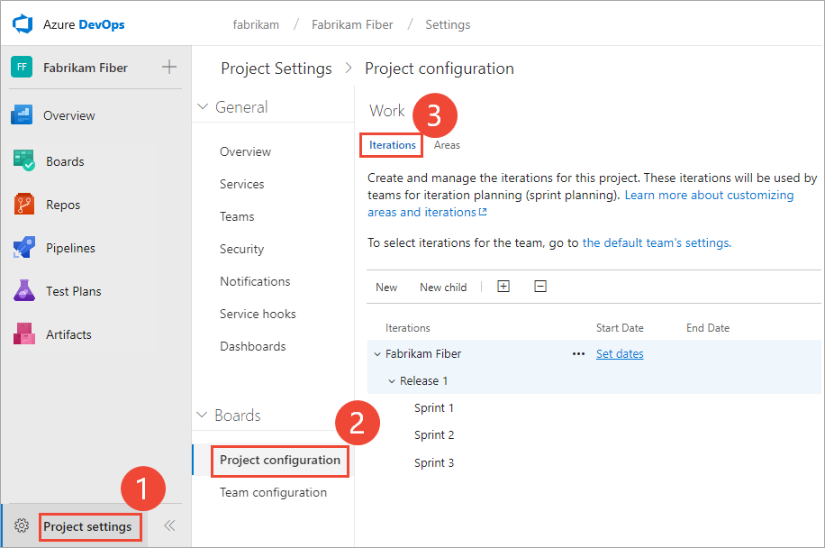 Cuplikan layar Pengaturan Proyek, Konfigurasi Proyek untuk Azure DevOps Server 2019.