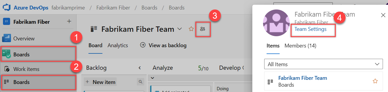 Cuplikan layar Work Backlog atau Board, pilih ikon profil tim.