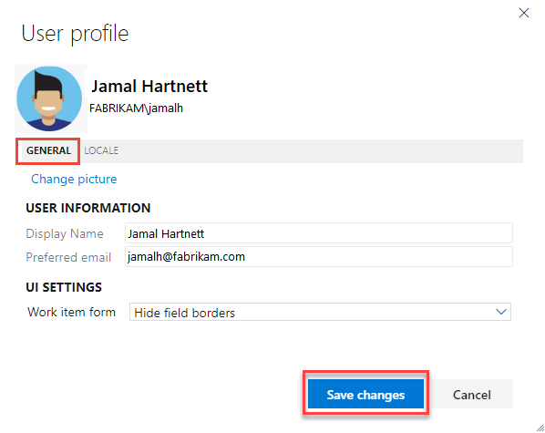 Cuplikan layar dialog Profil Pengguna, tab Umum.