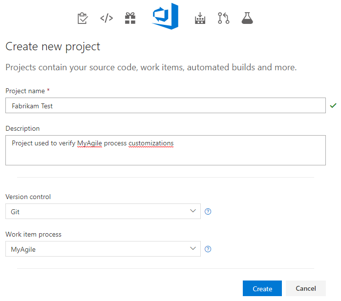 Cuplikan layar dialog Buat formulir proyek baru, Azure DevOps Server 2019.