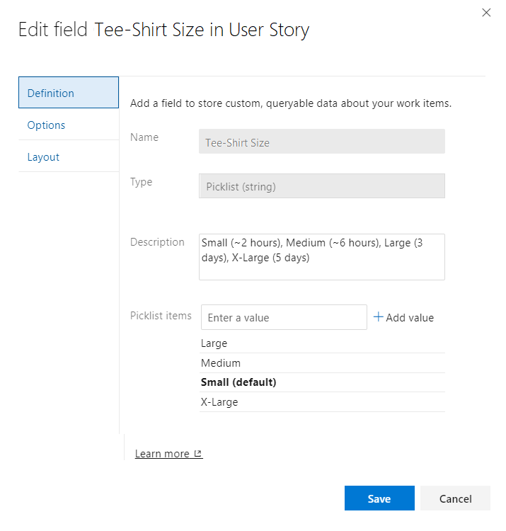 Cuplikan layar dialog Edit bidang untuk bidang Ukuran Tee-Shirt.