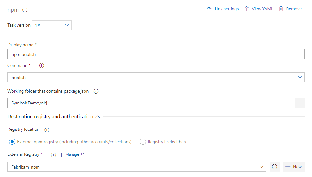 Cuplikan layar yang memperlihatkan cara mengonfigurasi tugas npm untuk menerbitkan paket ke registri publik.