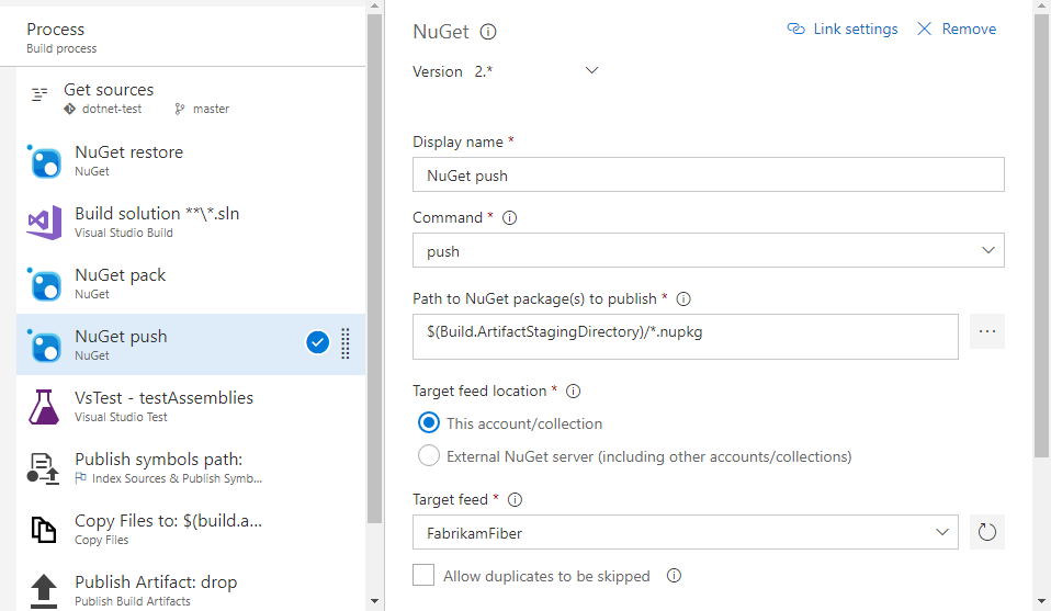 Cuplikan layar yang memperlihatkan cara mengonfigurasi tugas penerbitan NuGet di Azure Pipelines.