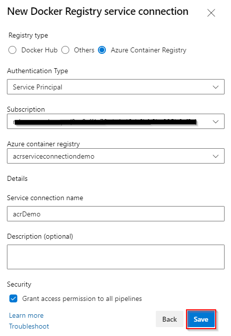 Cuplikan layar memperlihatkan cara menyiapkan koneksi layanan registri docker.