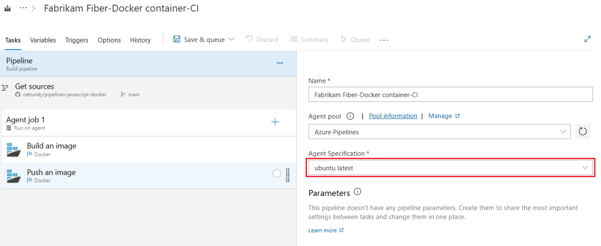 Cuplikan layar editor pipeline klasik Azure DevOps dengan spesifikasi agen ubuntu versi terbaru yang dipilih.