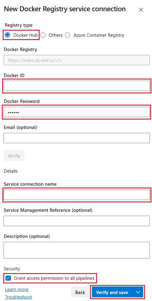 Cuplikan layar dialog koneksi layanan Docker Hub.