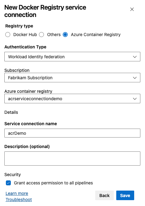 Cuplikan layar memperlihatkan cara menyiapkan koneksi layanan registri docker untuk federasi identitas beban kerja.