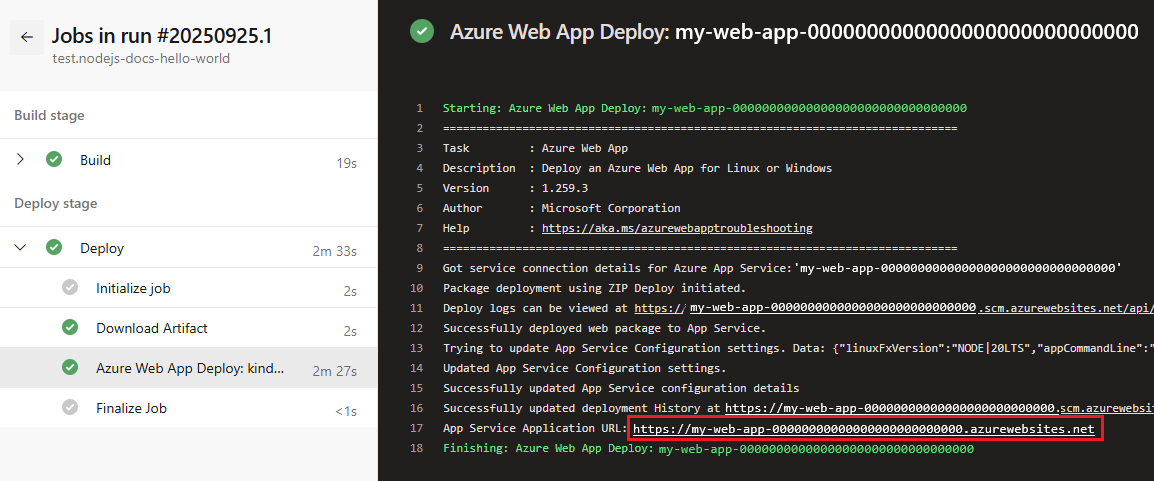 Cuplikan layar lokasi URL situs web di Azure Pipelines.