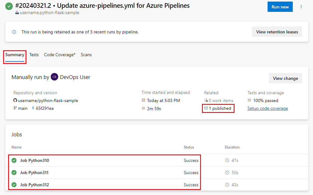 Cuplikan layar tautan artefak build yang diterbitkan.