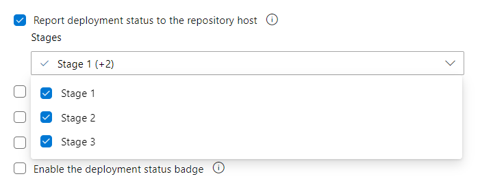 Cuplikan layar opsi Integrasi untuk alur Klasik, laporkan status penyebaran ke host repositori
