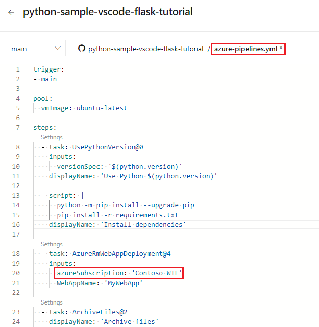 Cuplikan layar pengaturan koneksi layanan YAML.