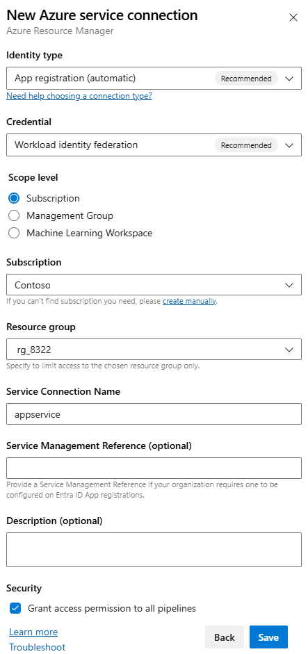 Cuplikan layar kotak dialog Koneksi layanan Azure Baru.