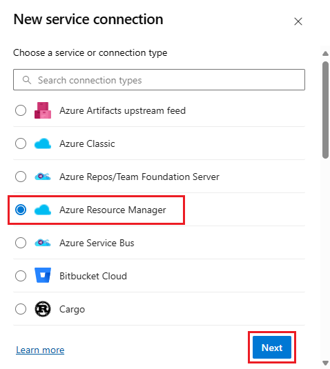 Cuplikan layar pemilihan koneksi layanan Azure Resource Manager.