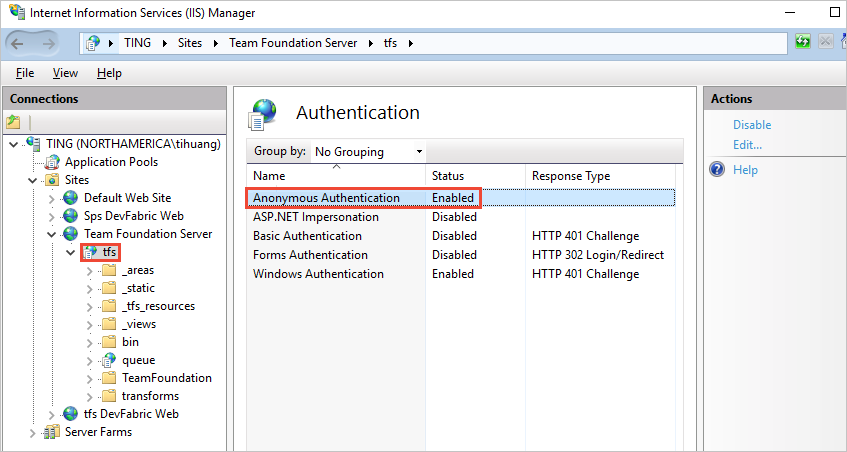 autentikasi anonim TFS diaktifkan