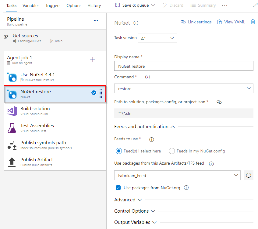 Cuplikan layar yang memperlihatkan cara mengonfigurasi tugas pemulihan NuGet.