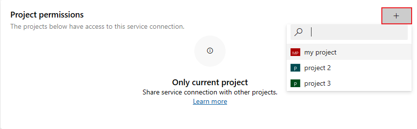 Cuplikan layar pemilihan izin proyek untuk koneksi layanan individual.