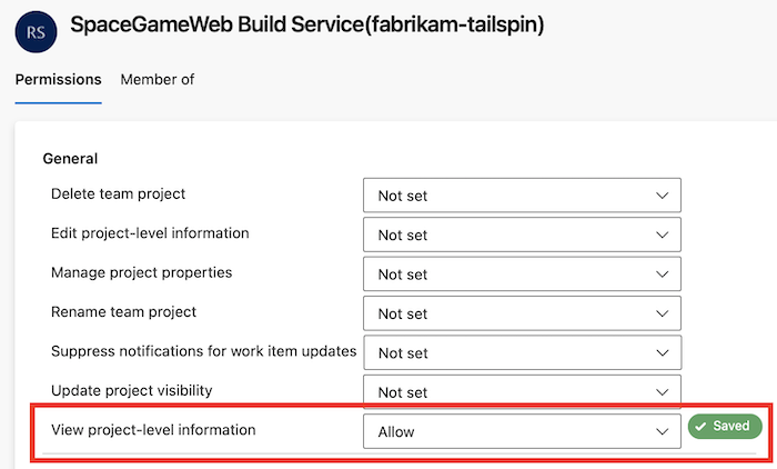 Cuplikan layar cara memberikan izin Tampilkan informasi tingkat proyek untuk pengguna.