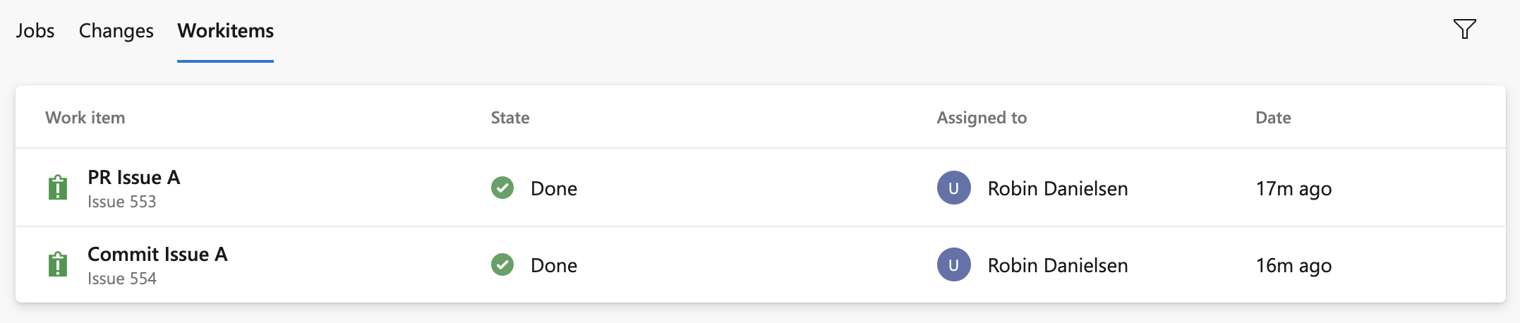 Cuplikan layar item kerja dalam riwayat penyebaran.